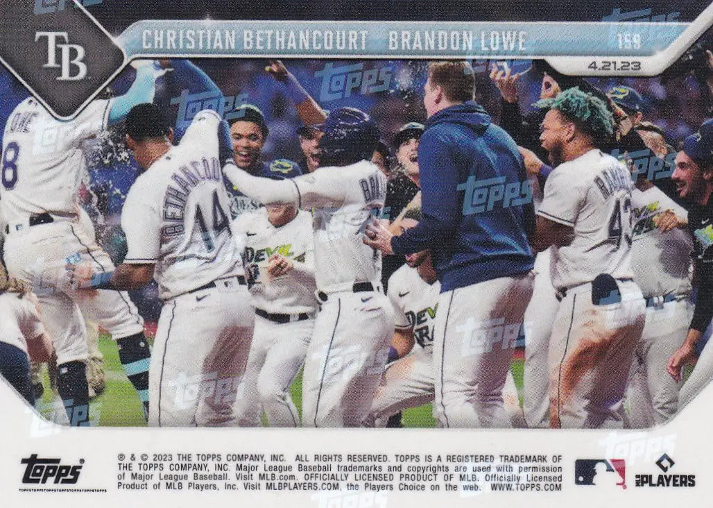Baseball card featuring Tampa Bay Rays Christian Bethancourt and Brandon Lowe celebrating