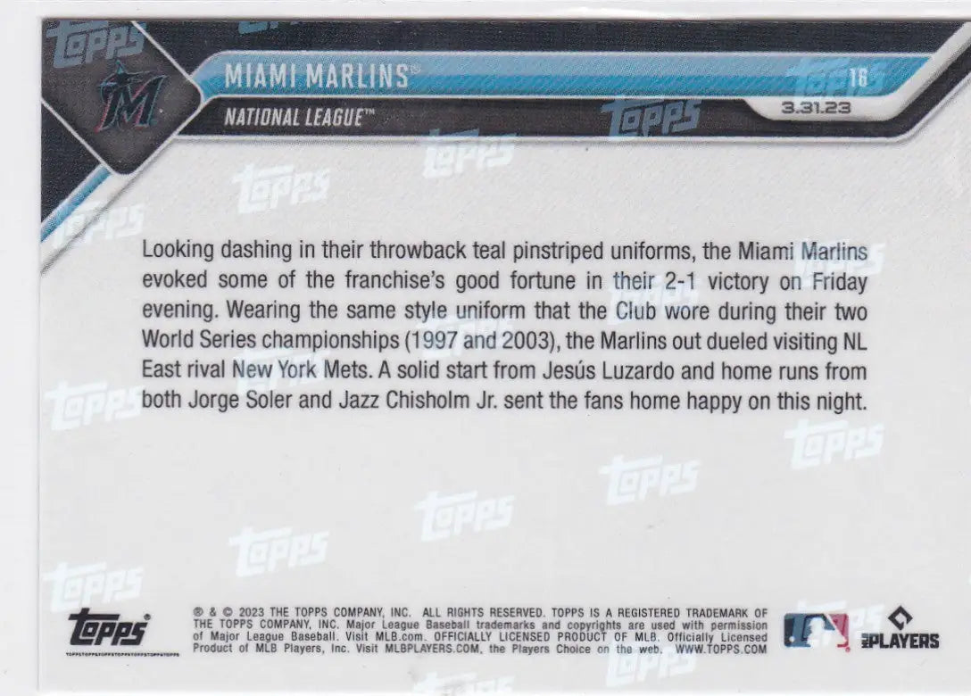 2023 TOPPS NOW #16 MIAMI MARLINS - Baseball Card Single