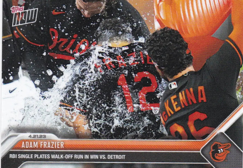 Baseball trading card featuring Adam Frazier Baltimore Orioles after walk-off win