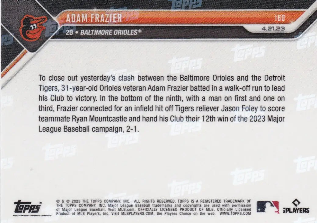 Collectible baseball card of Adam Frazier of the Baltimore Orioles from 2023 TOPPS NOW
