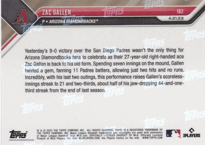 Baseball trading card of Zac Gallen Arizona Diamondbacks 2023 TOPPS NOW #162