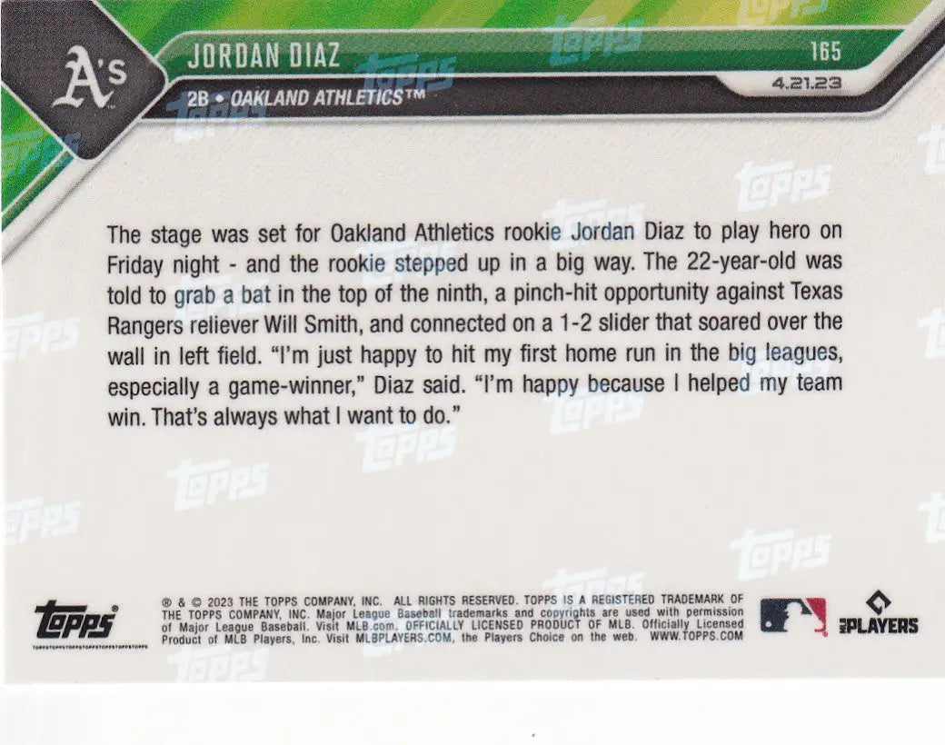 2023 TOPPS NOW #165 JORDAN DIAZ- OAKLAND ATHLETICS - Baseball Card Single