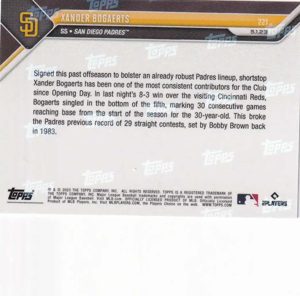 2023 TOPPS NOW #221 XANDER BOGAERTS- SAN DIEGO PADRES - Baseball Card Single