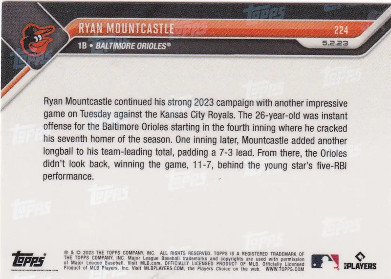 2023 TOPPS NOW #224 RYAN MOUNTCASTLE- BALTIMORE ORIOLES - Baseball Card Single