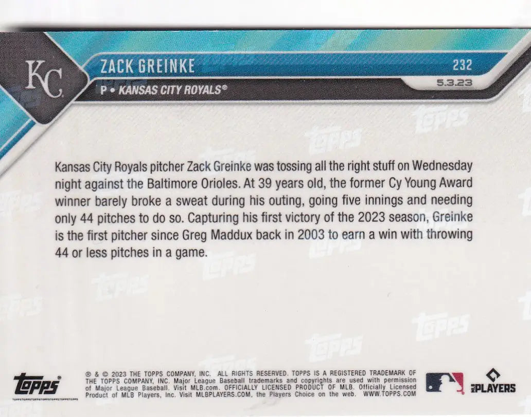 2023 TOPPS NOW #232 ZACK GREINKE- KANSAS CITY ROYALS - Baseball Card Single
