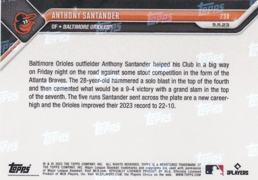 2023 TOPPS NOW #238 ANTHONY SANTANDER- BALTIMORE ORIOLES - Baseball Card Single