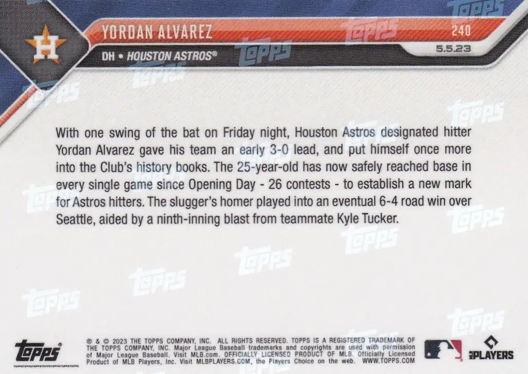 2023 TOPPS NOW #240 YORDAN ALVAREZ- HOUSTON ASTROS - Baseball Card Single