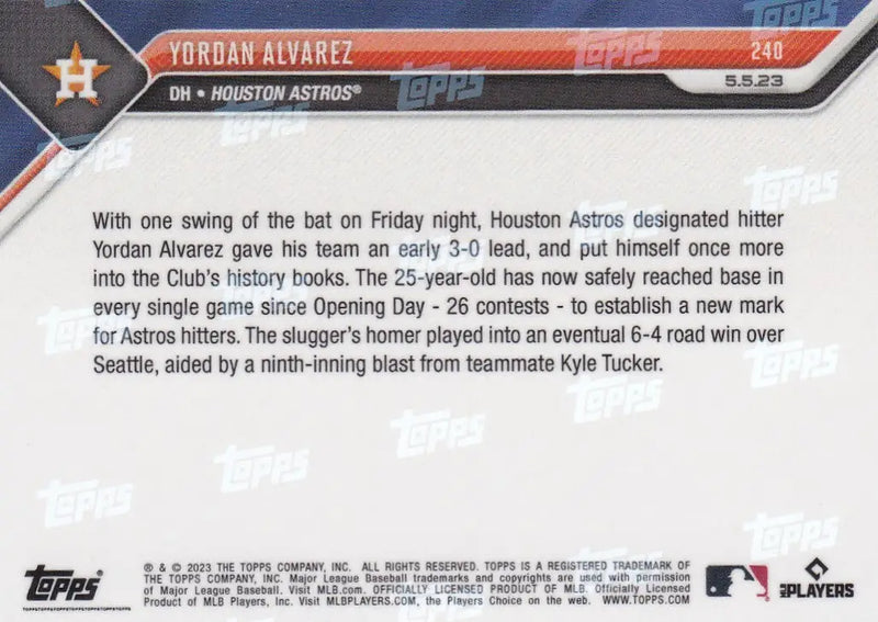 2023 TOPPS NOW #240 YORDAN ALVAREZ- HOUSTON ASTROS - Baseball Card Single