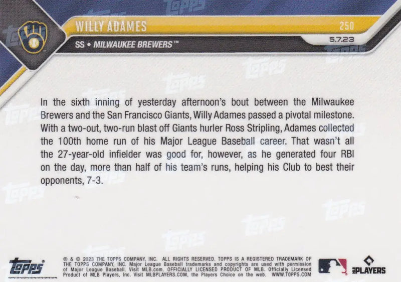 2023 TOPPS NOW #250 WILLY ADAMES- MILWAUKEE BREWERS - Baseball Card Single