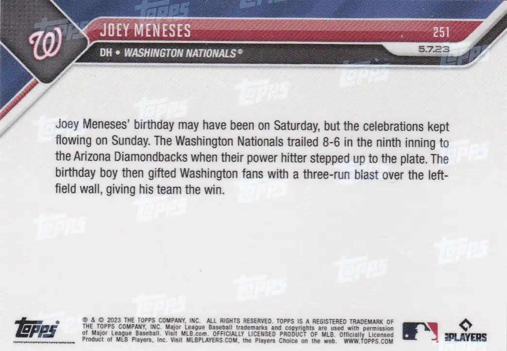 2023 TOPPS NOW #251 JOEY MENESES- WASHINGTON NATIONALS - Baseball Card Single