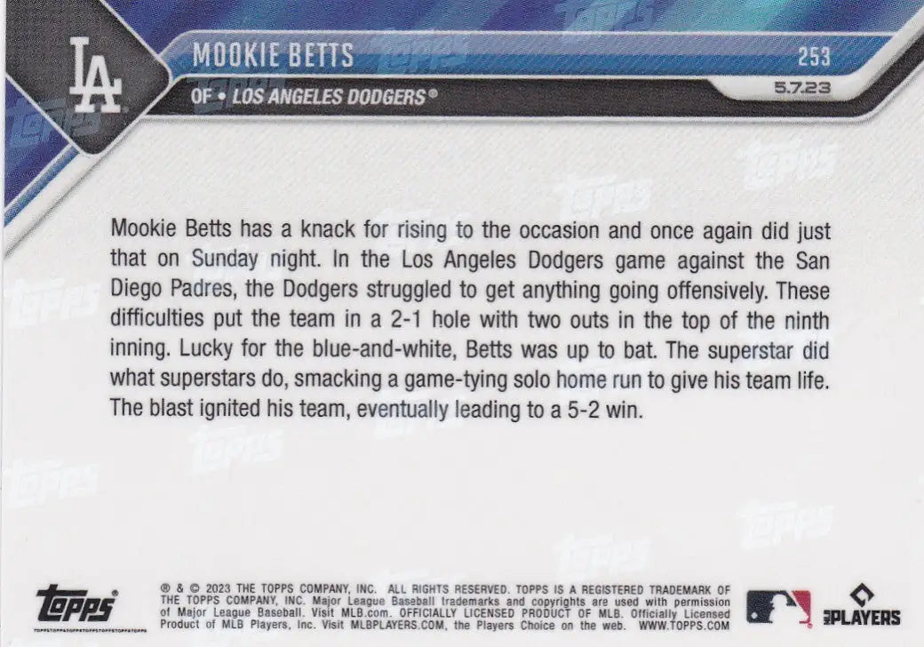 2023 TOPPS NOW #253 MOOKIE BETTS- LOS ANGELES DODGERS - Baseball Card Single
