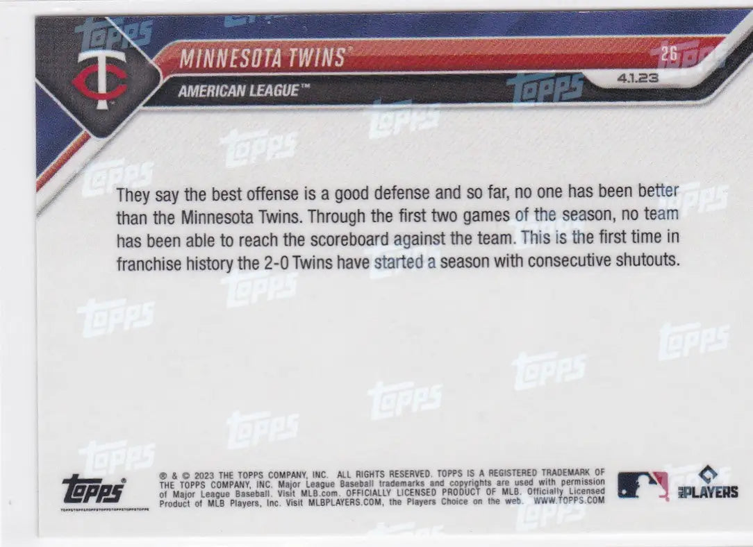 2023 TOPPS NOW #26 MINNESOTA TWINS - Baseball Card Single