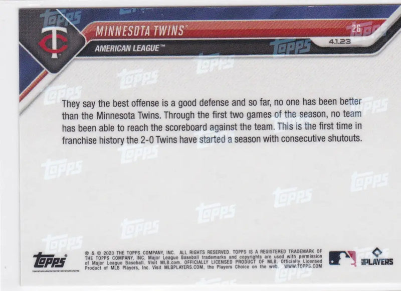 2023 TOPPS NOW #26 MINNESOTA TWINS - Baseball Card Single