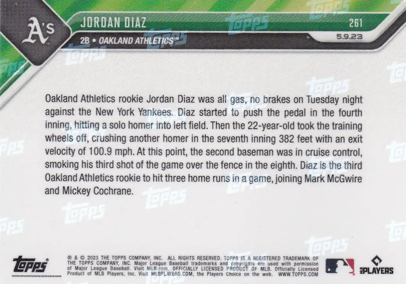 2023 TOPPS NOW #261 JORDAN DIAZ- OAKLAND ATHELTICS - Baseball Card Single