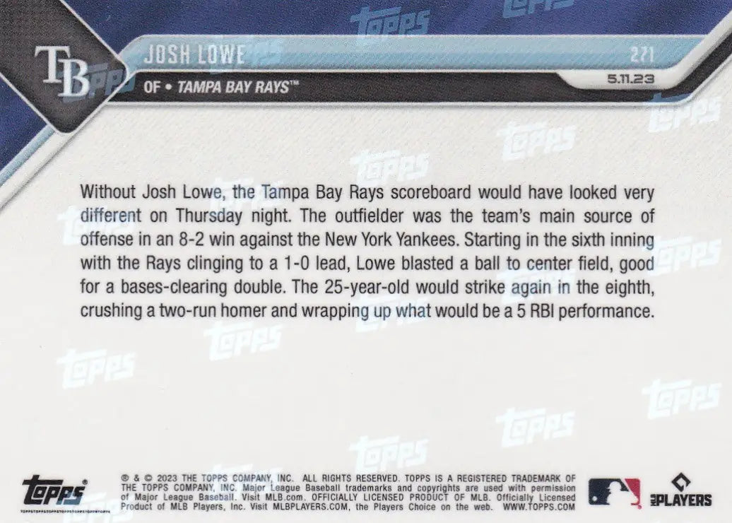2023 TOPPS NOW #271 JOSH LOWE- TAMPA BAY RAYS - Baseball Card Single