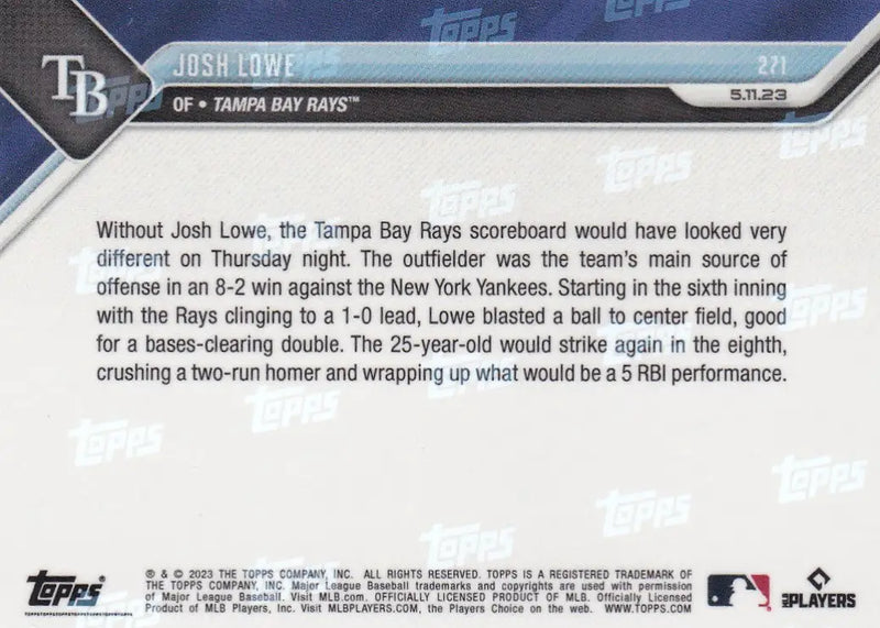 2023 TOPPS NOW #271 JOSH LOWE- TAMPA BAY RAYS - Baseball Card Single
