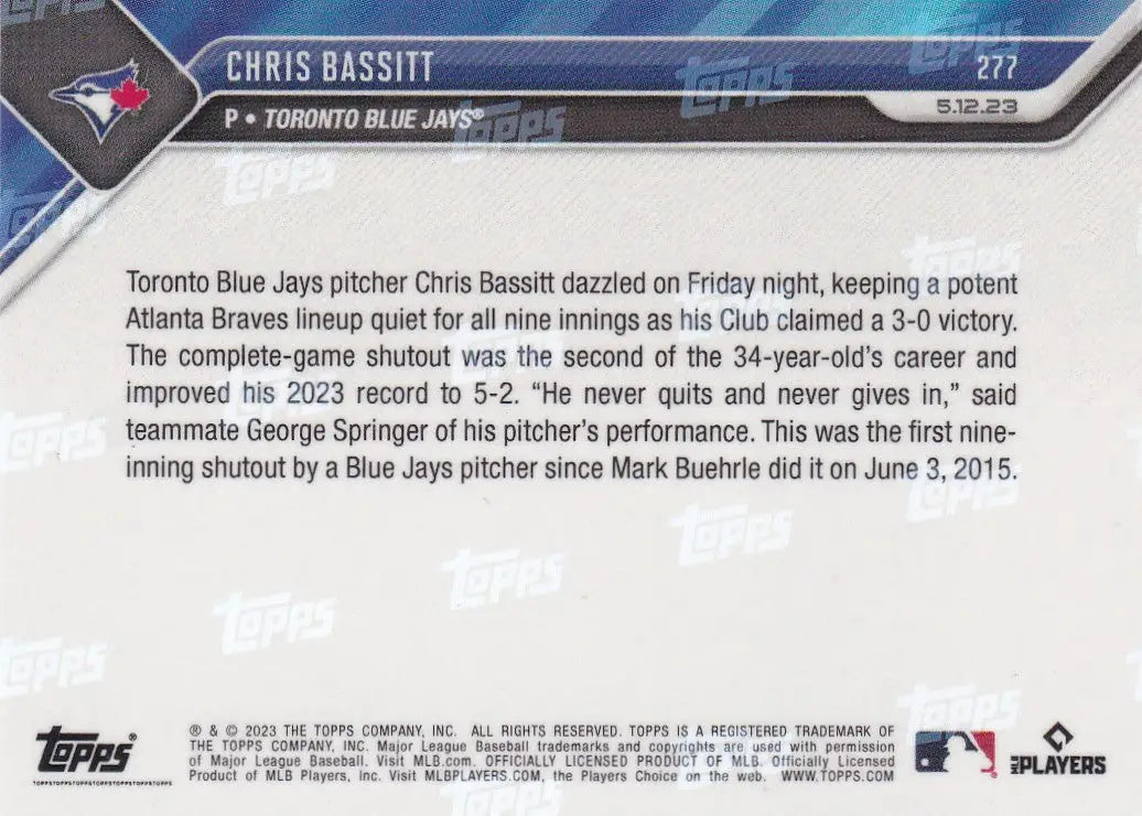 2023 TOPPS NOW #277 CHRIS BASSITT- TORONTO BLUE JAYS - Baseball Card Single