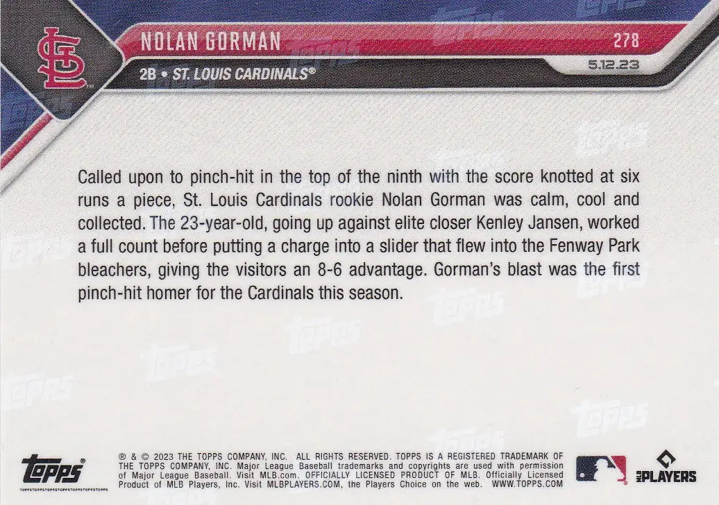 2023 TOPPS NOW #278 NOLAN GORMAN- ST LOUIS CARDINALS - Baseball Card Single