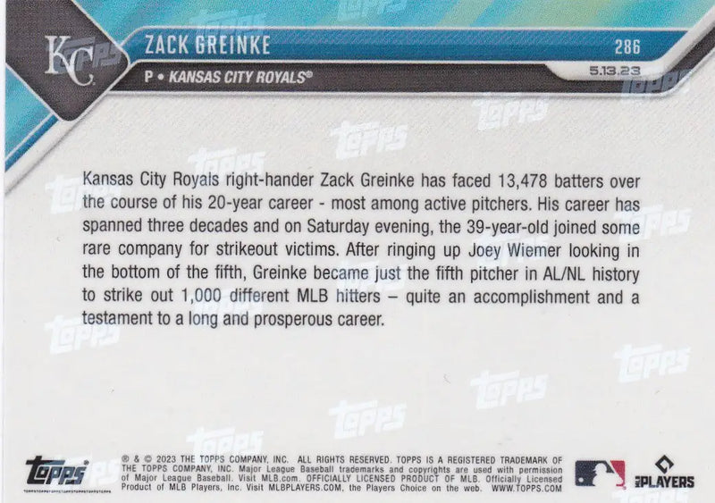 2023 TOPPS NOW #286 ZACK GREINKE- KANSAS CITY ROYALS - Baseball Card Single