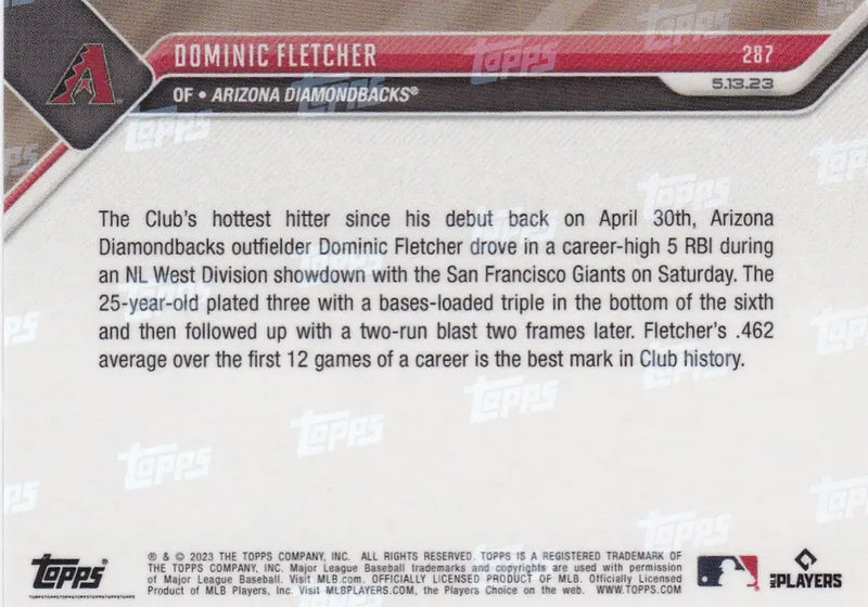 2023 TOPPS NOW #287 DOMINIC FLETCHER- ARIZONA DIAMONDBACKS - Baseball Card Single