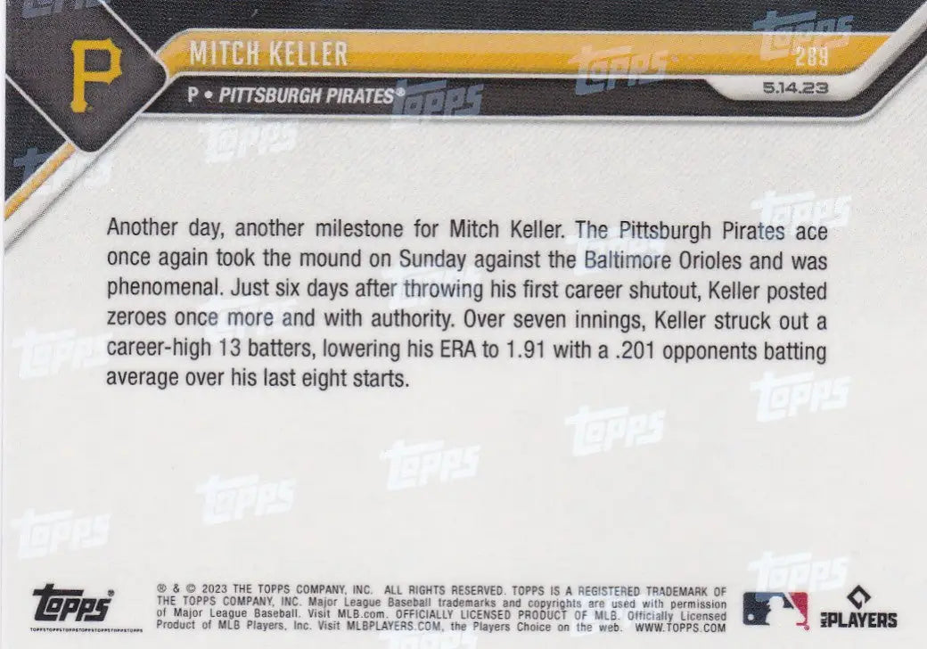 2023 TOPPS NOW #289 MITCH KELLER- PITTSBURGH PIRATES - Baseball Card Single
