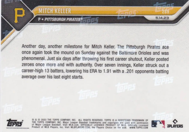 2023 TOPPS NOW #289 MITCH KELLER- PITTSBURGH PIRATES - Baseball Card Single