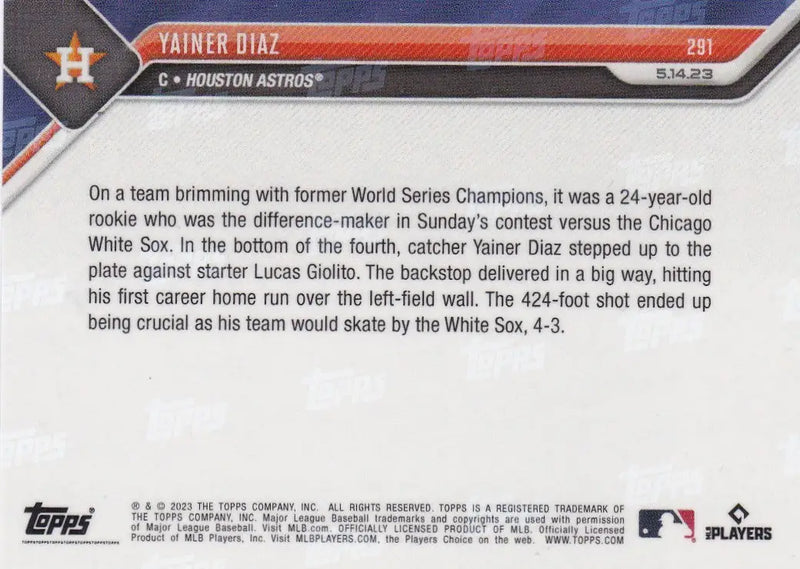 2023 TOPPS NOW #291 YAINER DIAZ- HOUSTON ASTROS - Baseball Card Single