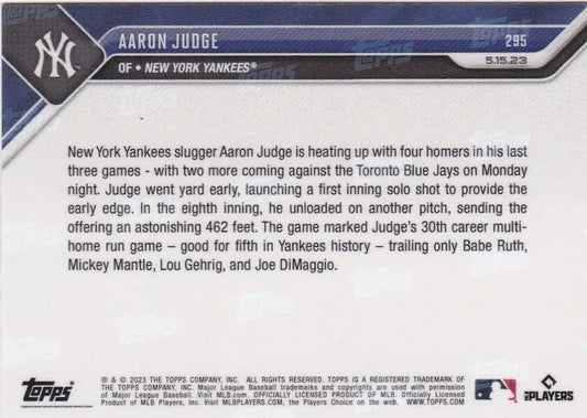 2023 TOPPS NOW #295 AARON JUDGE- NEW YORK YANKEES
