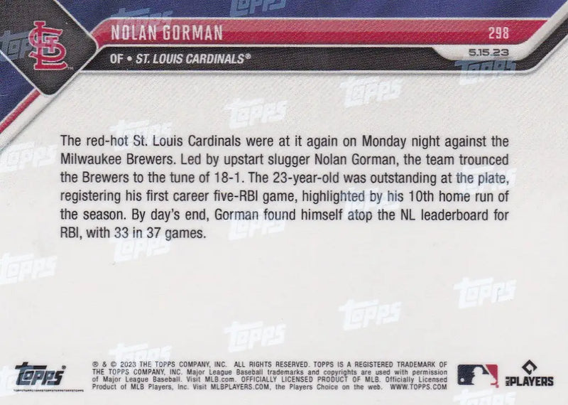 2023 TOPPS NOW #298 NOLAN GORMAN- ST LOUIS CARDINALS - Baseball Card Single