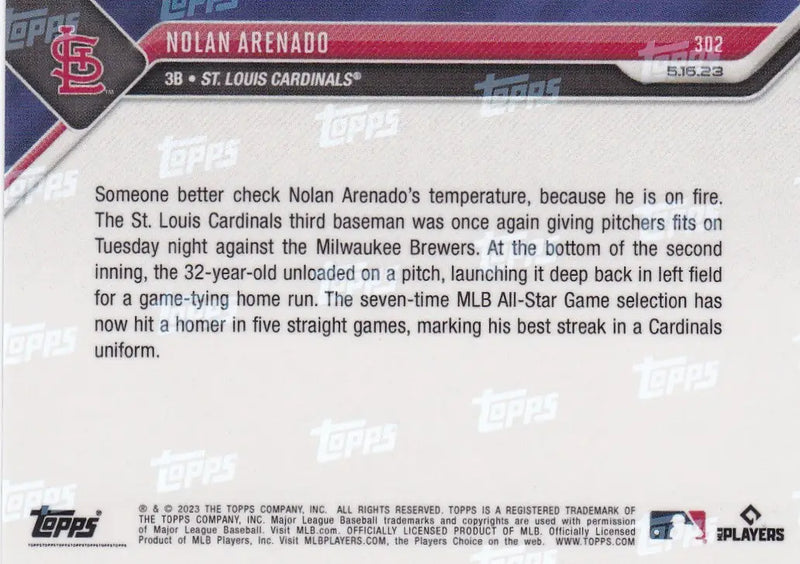 2023 TOPPS NOW #302 NOLAN ARENADO- ST LOUIS CARDINALS - Baseball Card Single