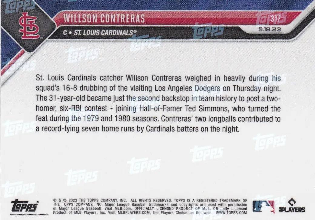 2023 TOPPS NOW #317 WILLSON CONTRERAS- ST LOUIS CARDINALS - Baseball Card Single