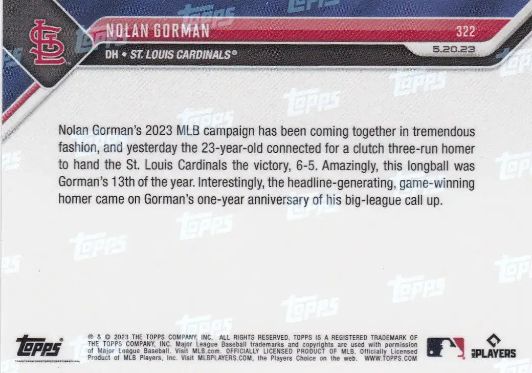 2023 TOPPS NOW #322 NOLAN GORMAN- ST LOUIS CARDINALS - Baseball Card Single