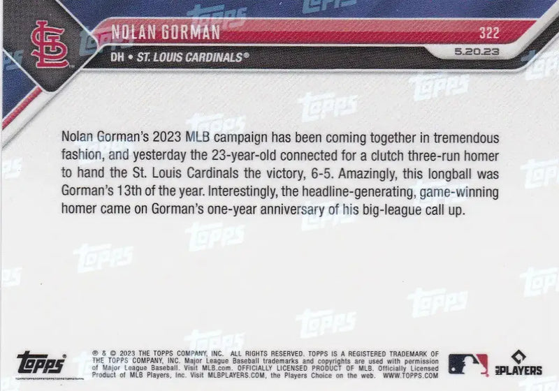 2023 TOPPS NOW #322 NOLAN GORMAN- ST LOUIS CARDINALS - Baseball Card Single
