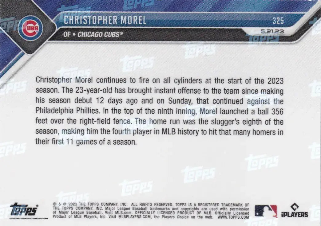 2023 TOPPS NOW #325 CHRISTOPHER MOREL- CHICAGO CUBS - Baseball Card Single