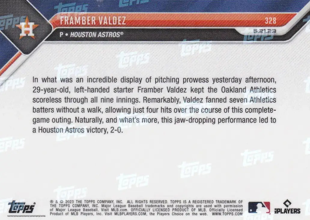 2023 TOPPS NOW #328 FRAMBER VALDEZ- HOUSTON ASTROS - Baseball Card Single
