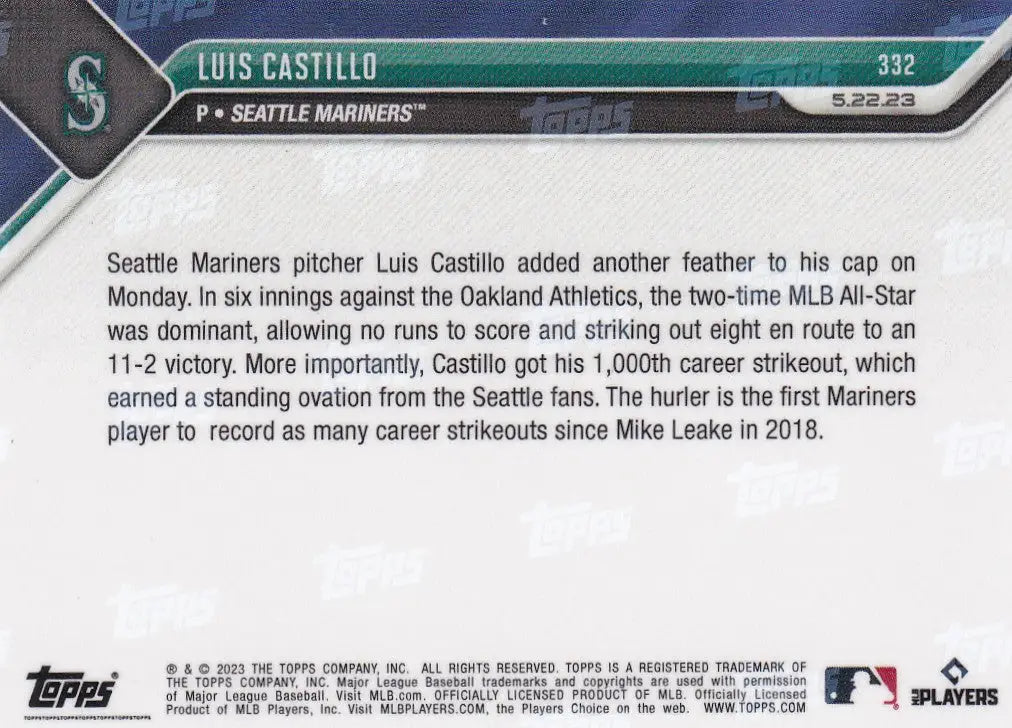 2023 TOPPS NOW #332 LUIS CASTILLO- SEATTLE MARINERS - Baseball Card Single
