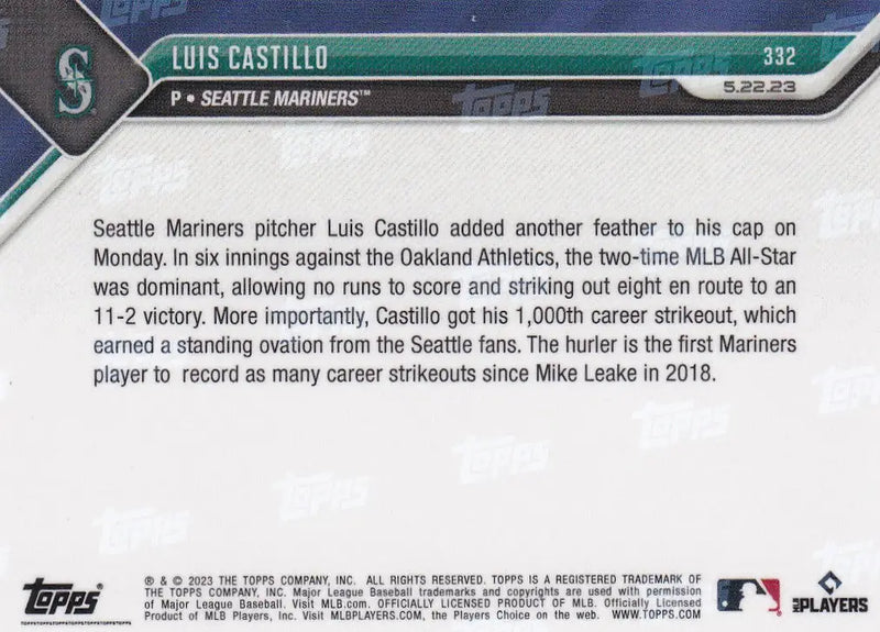 2023 TOPPS NOW #332 LUIS CASTILLO- SEATTLE MARINERS - Baseball Card Single