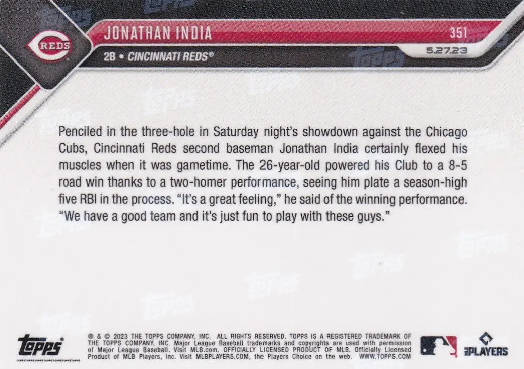 2023 TOPPS NOW #351 JONATHAN INDIA- CINCINNATI REDS - Baseball Card Single