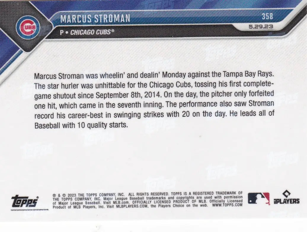 2023 TOPPS NOW #358 MARCUS STROMAN- CHICAGO CUBS - Baseball Card Single