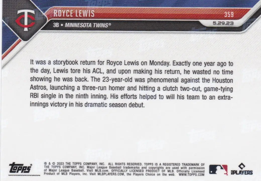 2023 TOPPS NOW #359 ROYCE LEWIS- MINNESOTA TWINS - Baseball Card Single