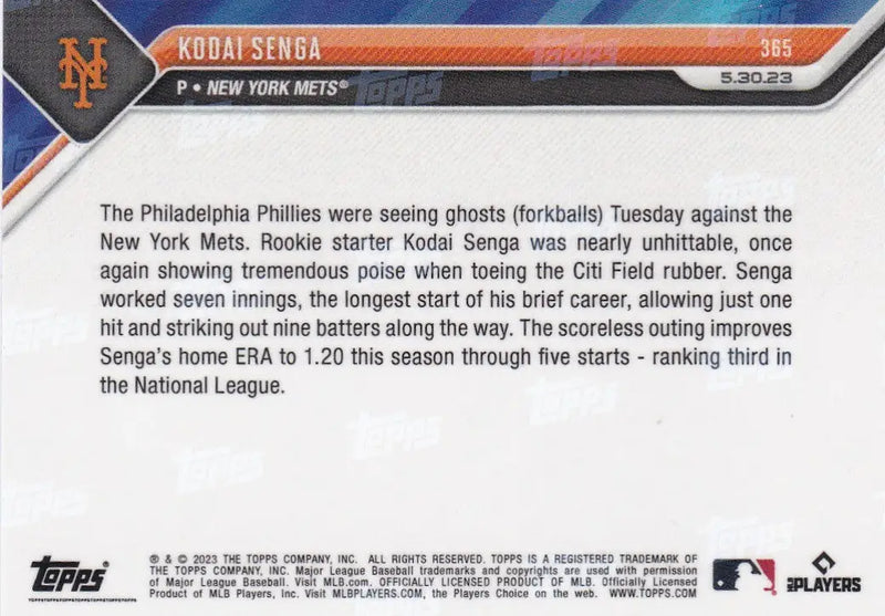 2023 TOPPS NOW #365 KODAI SENGA- NEW YORK METS - Baseball Card Single
