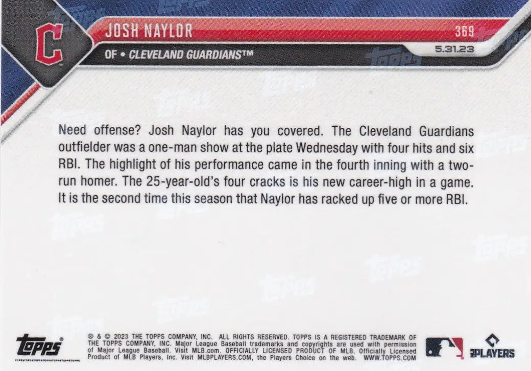 2023 TOPPS NOW #369 JOSH NAYLOR- CLEVELAND GUARDIANS - Baseball Card Single