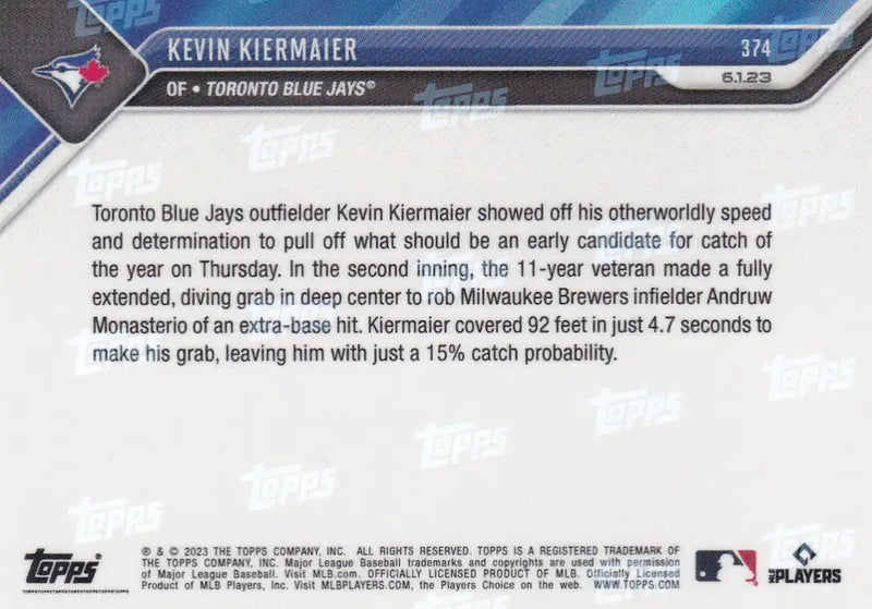 2023 TOPPS NOW #374 KEVIN KIERMAIER- TORONTO BLUE JAYS - Baseball Card Single
