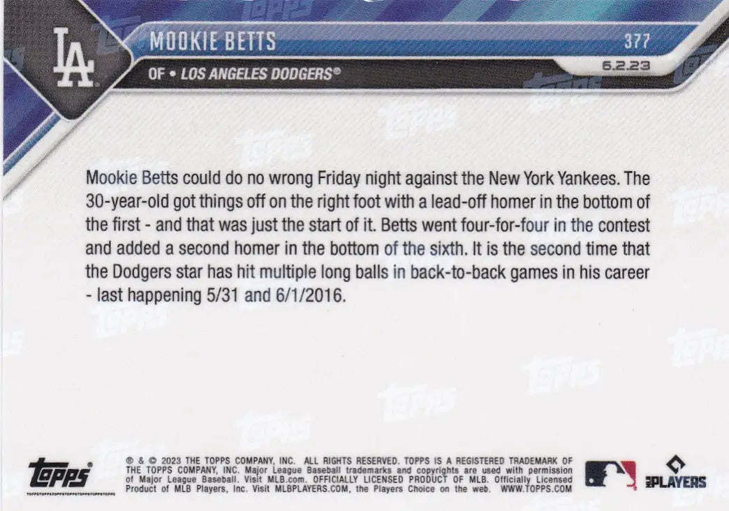 2023 TOPPS NOW #377 MOOKIE BETTS- LOS ANGELES DODGERS - Baseball Card Single