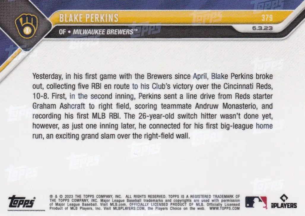 2023 TOPPS NOW #379 BLAKE PERKINS- MILWAUKEE BREWERS - Baseball Card Single