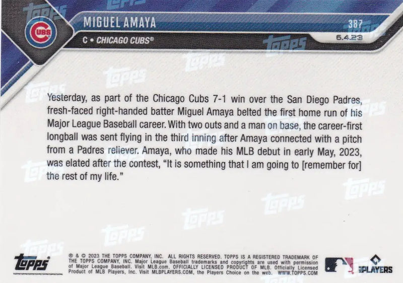 2023 TOPPS NOW #387 MIGUEL AMAYA- CHICAGO CUBS - Baseball Card Single