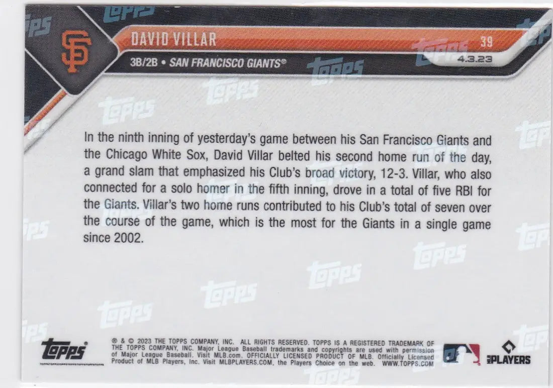 2023 TOPPS NOW #39 DAVID VILLAR- SAN FRANCISCO GIANTS - Baseball Card Single