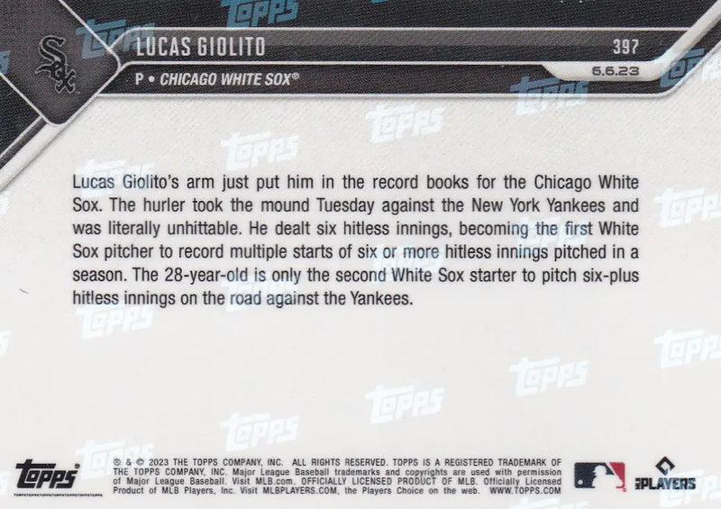 2023 TOPPS NOW #397 LUCAS GIOLITO- CHICAGO WHITE SOX - Baseball Card Single