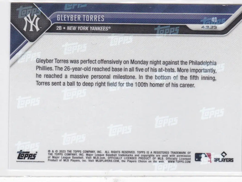 2023 TOPPS NOW #40 GLEYBER TORRES- NEW YORK YANKEES - Baseball Card Single