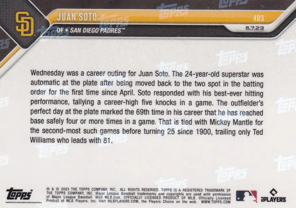 2023 TOPPS NOW #403 JUAN SOTO- SAN DIEGO PADRES - Baseball Card Single